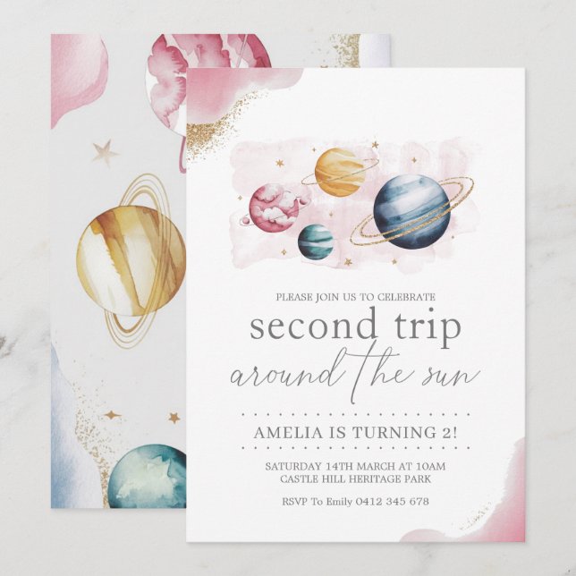 Rymd-flicka Födelsedag Galax Stjärnor Planeter Inbjudningar (Fram/baksida)