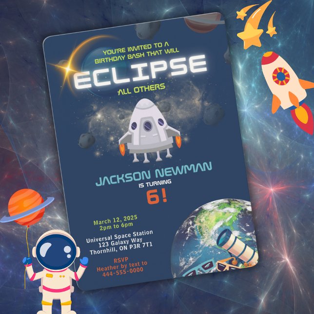 Rymd Förmörkelse Födelsedagsinbjudan Inbjudningar (Eclipse kid's birthday invitation for the little astronaut in your family.  )