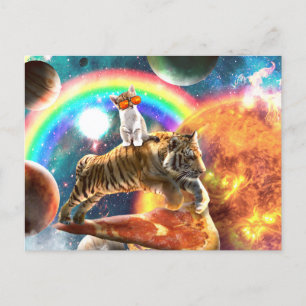Rymd Galaxy Katt Ridande Tiger på Pizza Vykort