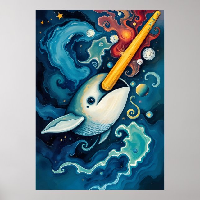 Rymd Narwhal Kosmisk Fantasy Konst Poster (Framsidan)