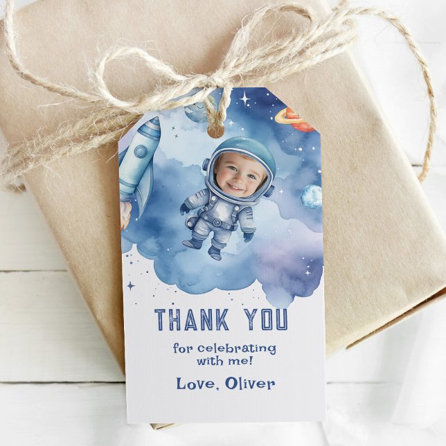 Rymdastronaut födelsedagsfoto Tack Presentetikett (Skapare uppladdad)