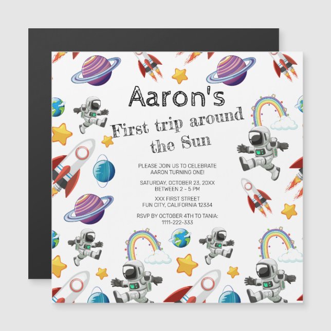 Rymdastronaut första Födelsedagsfest inbjudan Magnetisk Inbjudningskort (Fram/baksida)