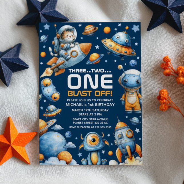 Rymdastronaut Katt Blastrar av Kosmisk 1-årsdag Inbjudningar (Skapare uppladdad)