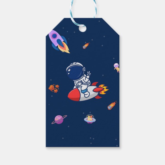 Rymdastronaut Planet och Stjärnor Vattenfärg Presentetikett (Framsidan)