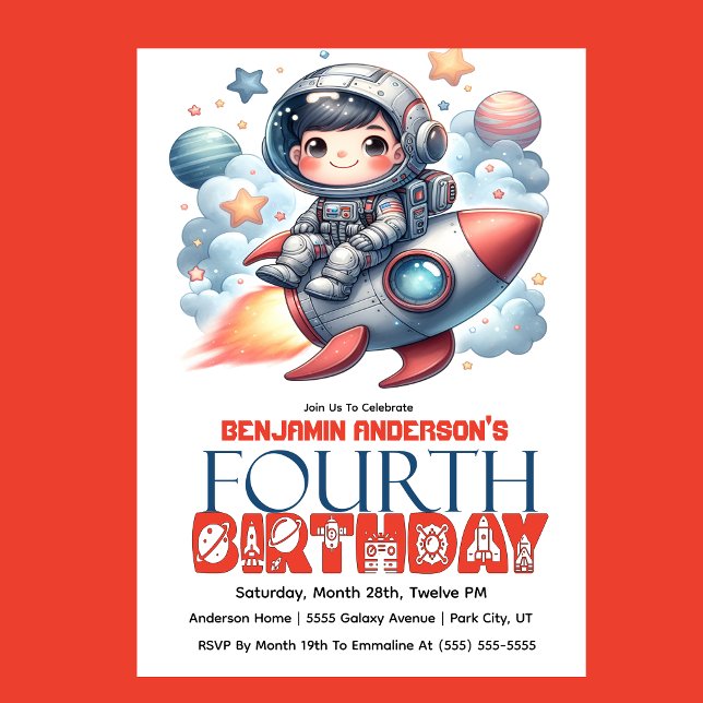 Rymdastronaut Pojkens 4-årsdag Inbjudningar (Space astronaut boy riding rocket 4th birthday party invitation with planets and stars
)
