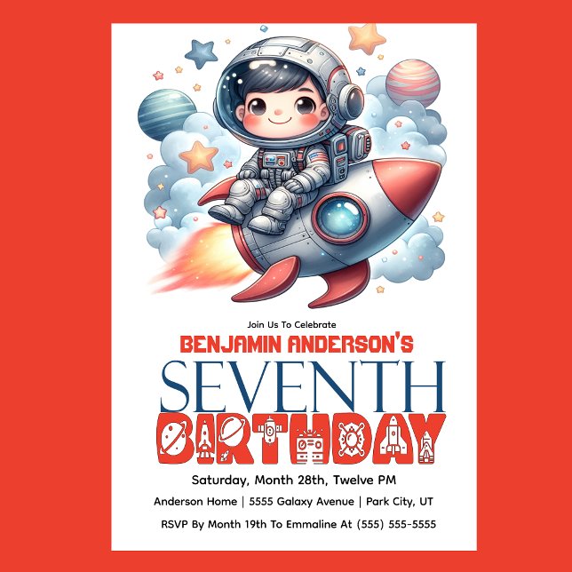 Rymdastronaut Pojkens 7-årsdag Inbjudningar (Space astronaut boy riding rocket 7th birthday party invitation with planets and stars
)