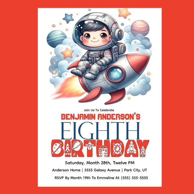 Rymdastronaut Pojkens 8-årsdag Inbjudningar (Space astronaut boy riding rocket 8th birthday party invitation with planets and stars
)