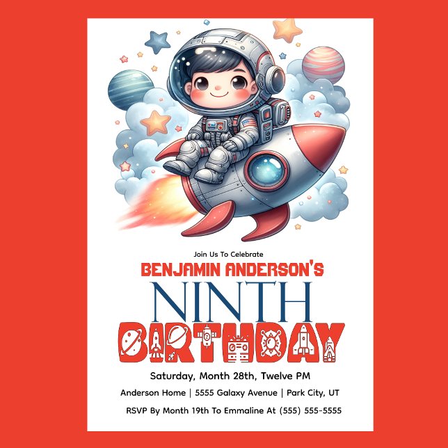 Rymdastronaut Pojkens 9-årsdag Inbjudningar (Space astronaut boy riding rocket 9th birthday party invitation with planets and stars
)