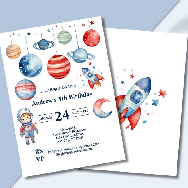 Rymdbarn Astronaut Planeter Röd Blå Pojke Födelsed Inbjudningar (Space astronaut rockets planets boys birthday invitation, Red blue, Printed Digital)