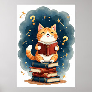 Rymdbokälskande katt som läser stjärnbild mörk Ac Poster