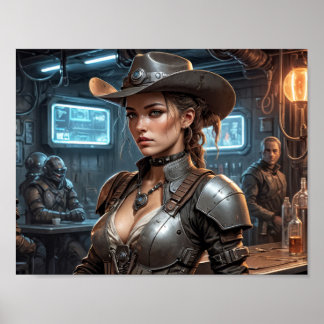 Rymdcowboyflicka med cyberrustning poster