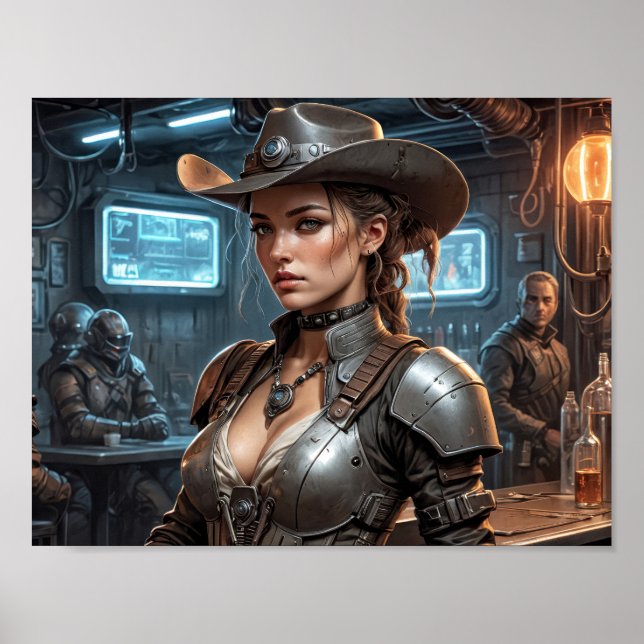 Rymdcowboyflicka med cyberrustning poster (Framsidan)