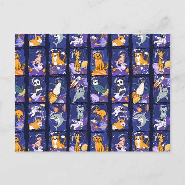 Rymddjur, djur i rymden, astronaut-djur vykort (Framsida)