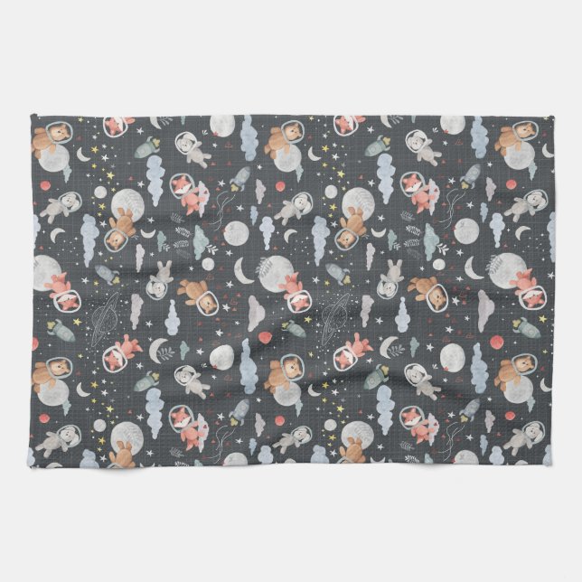 Rymddjur - mörk stålblått struktur kökshandduk (Horisontell)