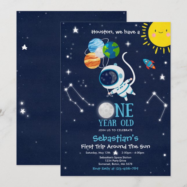Rymden 1:a födelsedagen Party Astronaut Rocket Inbjudningar (Fram/baksida)