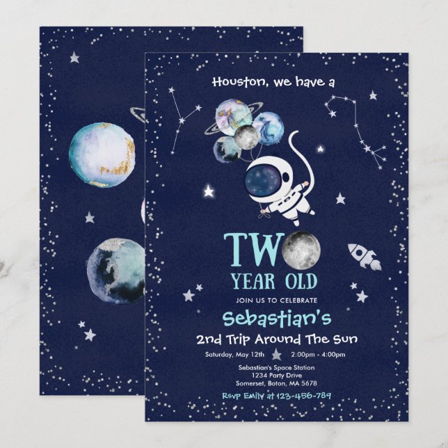Rymden 2:a födelsedagen Party astronaut Rocket in Inbjudningar (Fram/baksida)