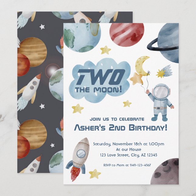 Rymden 2 Måne 2:a födelsedagsinbjudan Inbjudningar (Fram/baksida)