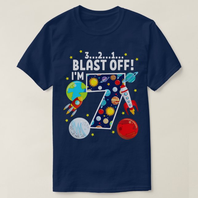 Rymden 321 Blast off Age 7 7:e Födelsedagsfest T Shirt (Design framsida)