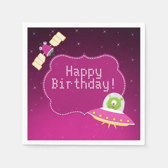 Rymden Alien Girl Birthday Papper Napkins Pappersservett (Framsidan)