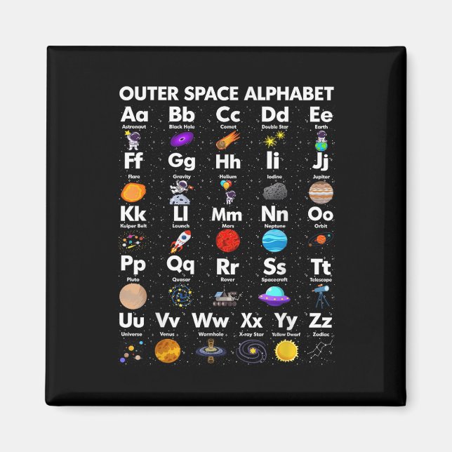 Rymden Alphabet Astronomy Science Lacher Kid Magnet (Framsidan)