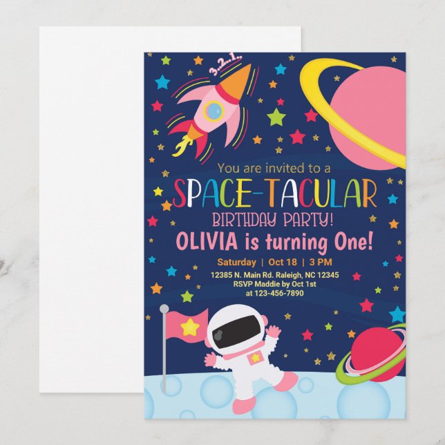 Rymden är födelsedag för en spacetaculär flicka. inbjudningar (Fram/baksida)