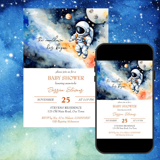 Rymden-astronaut-babyduschmall Inbjudningar (Outer space astronaut baby shower editable template invitation digital download watercolor galaxy)