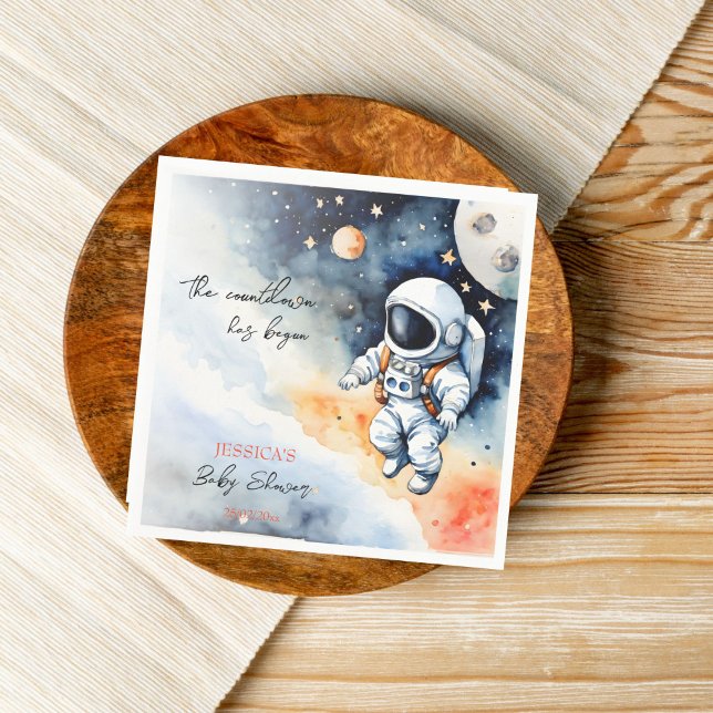 Rymden-astronaut-babyduschmall Pappersservett (Outer space astronaut baby shower template napkins personalized baby shower tableware watercolor)