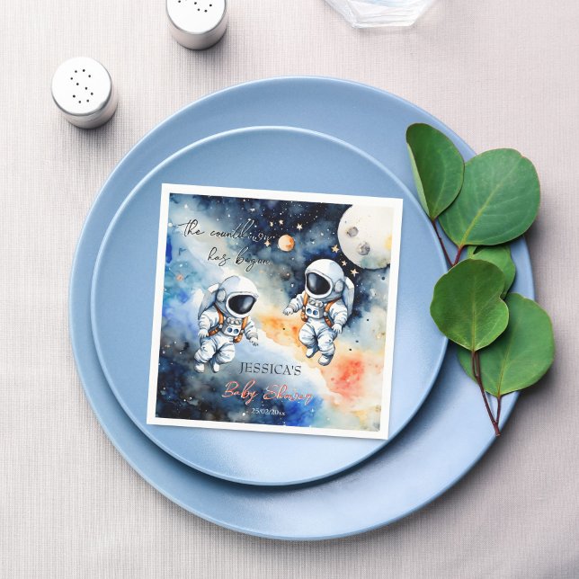 Rymden-astronaut-babyduschmall Pappersservett (Outer space astronaut twins baby shower napkins template monogrammed customized napkins table decor)