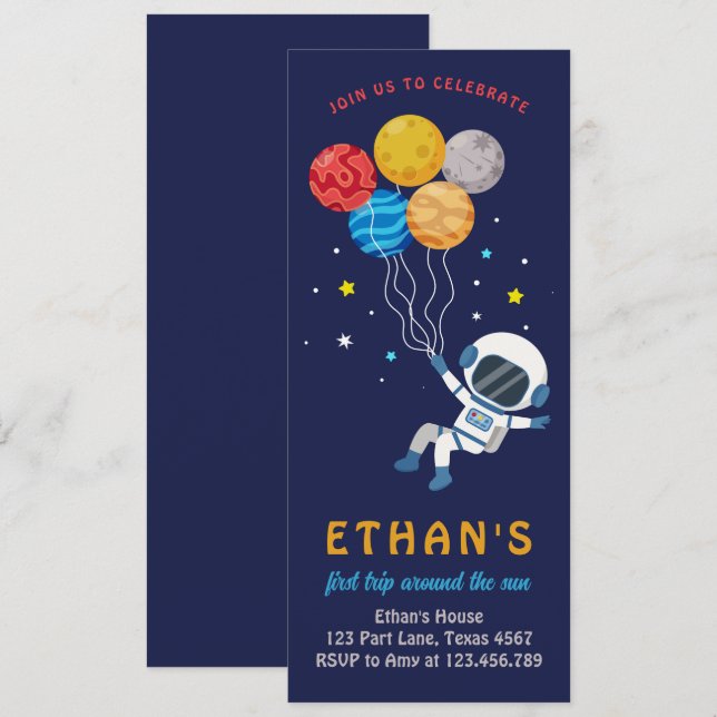 Rymden Astronaut Boy First Birthday Inbjudningar (Fram/baksida)