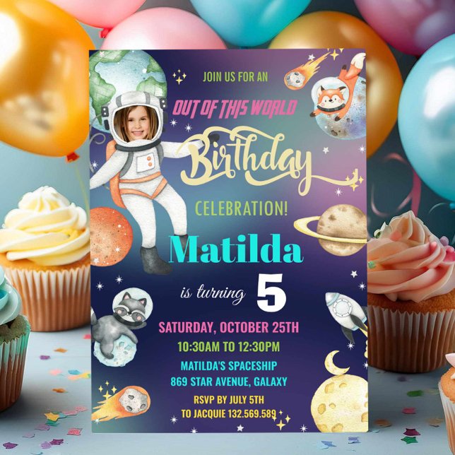Rymden Astronaut Galaxy Girl Birthday Photo Inbjudningar (Skapare uppladdad)