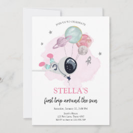 Rymden Astronaut Orange Girl First Birthday Inbjudningar