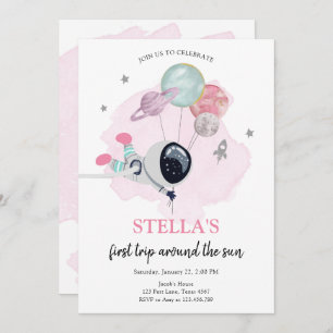 Rymden Astronaut Orange Girl First Birthday Inbjudningar