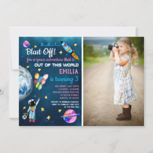 Rymden Astronaut Photo Rainbow Balloon Rocket Inbjudningar