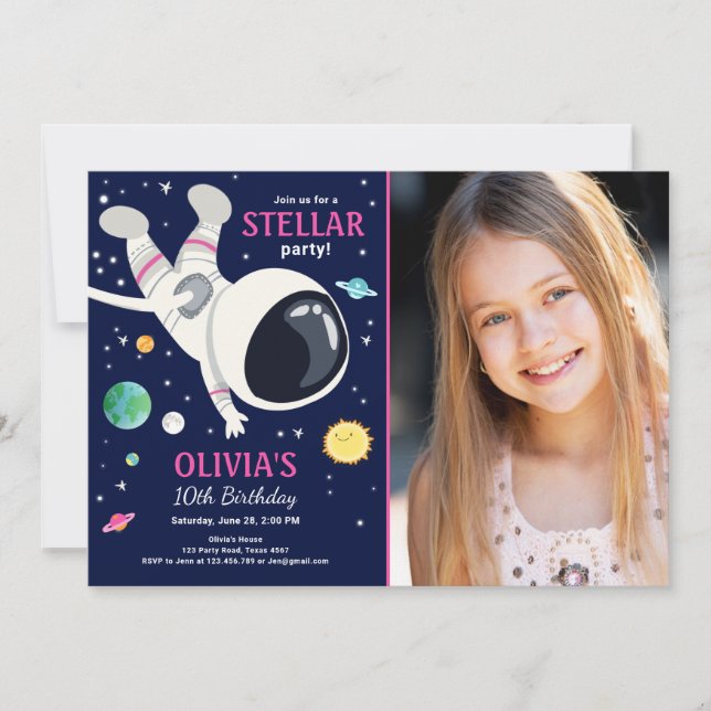 Rymden Astronaut Planets Galaxy Girl Birthday Inbjudningar (Framsida)