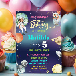 Rymden Astronaut Planets Girl Birthday Photo Inbjudningar