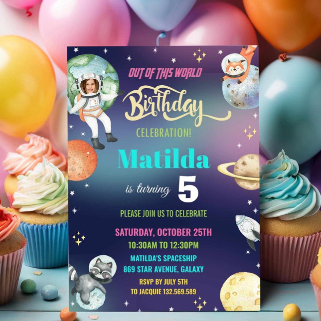 Rymden Astronaut Planets Girl Birthday Photo Inbjudningar (Skapare uppladdad)