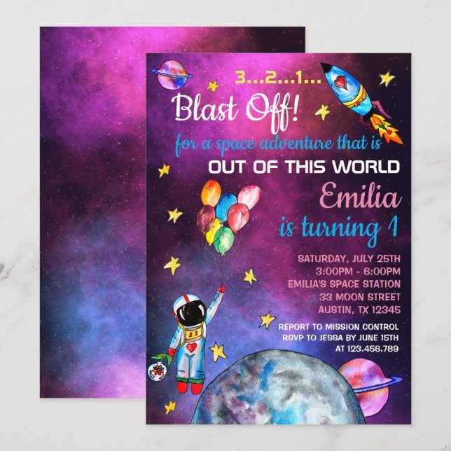 Rymden Astronaut Rainbow Balloons Rocket Måne Inbjudningar (Fram/baksida)