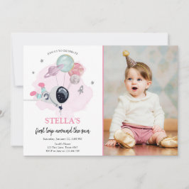 Rymden Astronaut Rosa Girl First Birthday Inbjudningar