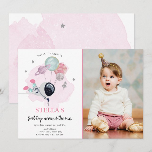 Rymden Astronaut Rosa Girl First Birthday Inbjudningar (Fram/baksida)