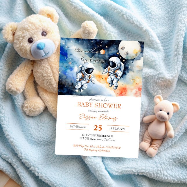Rymden-astronaut-twillingar, babyduschmall inbjudningar (Outer space astronaut twins baby shower invitation editable template cute baby astronauts in space)