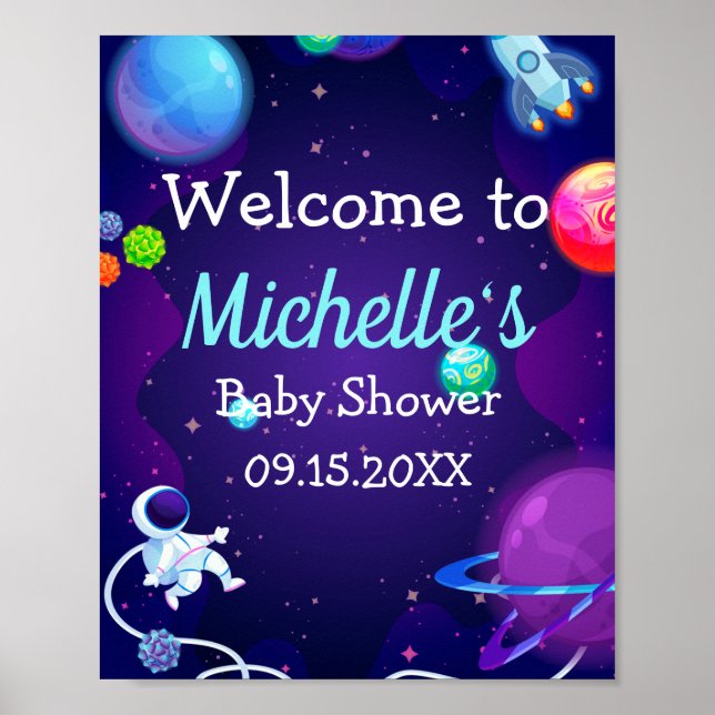 Rymden Baby Shower Blue Astronaut Planet Poster (Framsidan)