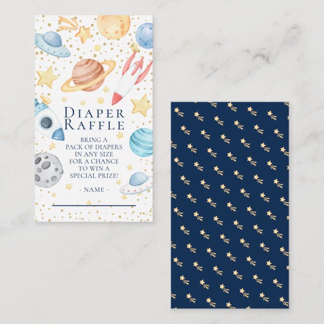Rymden Baby Shower Diaper Raffle Biljett Enclo Tilläggskort (Fram/baksida)