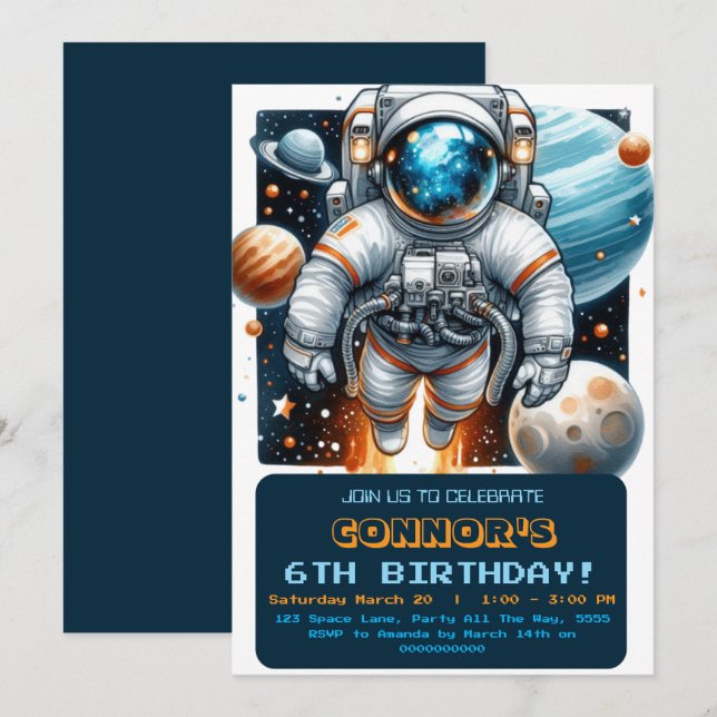 Rymden Birthday Astronaut Galaxy Planets Inbjudningar (Fram/baksida)