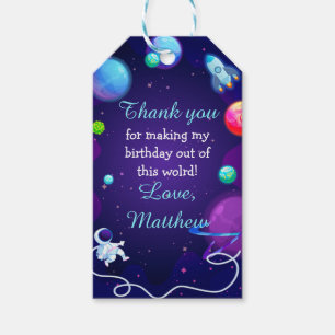 rymden Birthday Blue Astronaut Planet Gift Ta Presentetikett