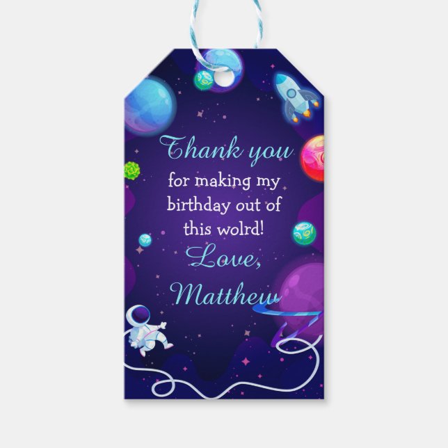 Rymden Birthday Blue Astronaut Planet Gift Ta Presentetikett (Framsidan)