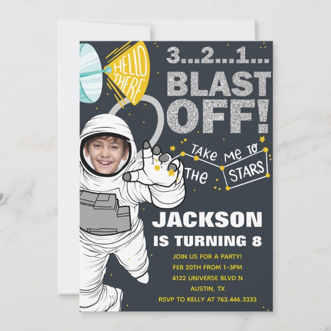 Rymden Blast off Astronaut Photo Birthday Inbjudningar (Framsida)