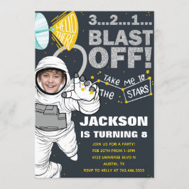 Rymden Blast off Astronaut Photo Birthday Inbjudningar