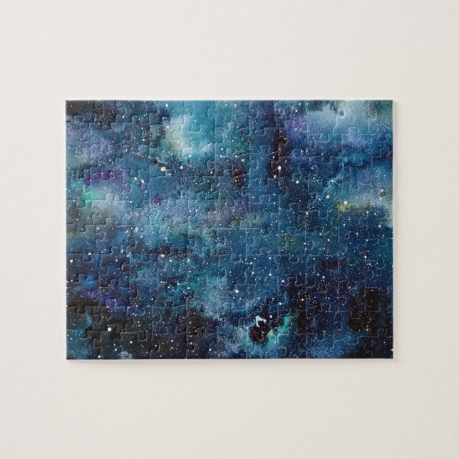 Rymden Blue Nebula Galaxy Watercolor Pussel (Horisontell)