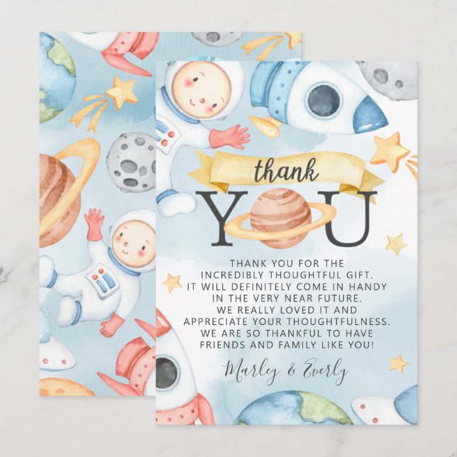 Rymden Boy Baby Shower - tack för din kortanteckni Inbjudningar (Fram/baksida)