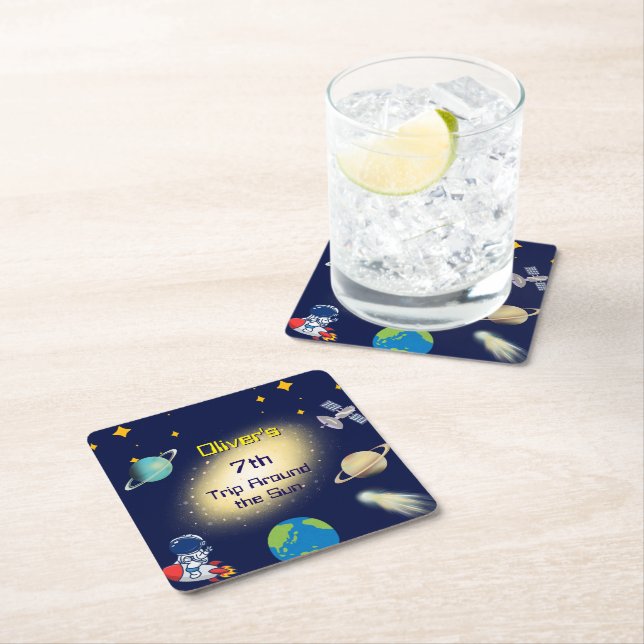 Rymden födelsedag - astronaut, Rocket & Galaxy Underlägg Papper Kvadrat (Insitu)